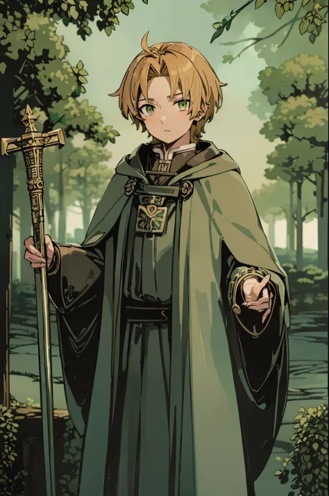 tarot card, 1boy, rudeus_greyrat, green eyes, blonde hair, the magician, man, mage, standing, robes, (holding magic staff), forest, upper body, ((masterpiece)) ((high detailed illustration)), ((detailed background)), ((hi-res)), realistic light, best quali...