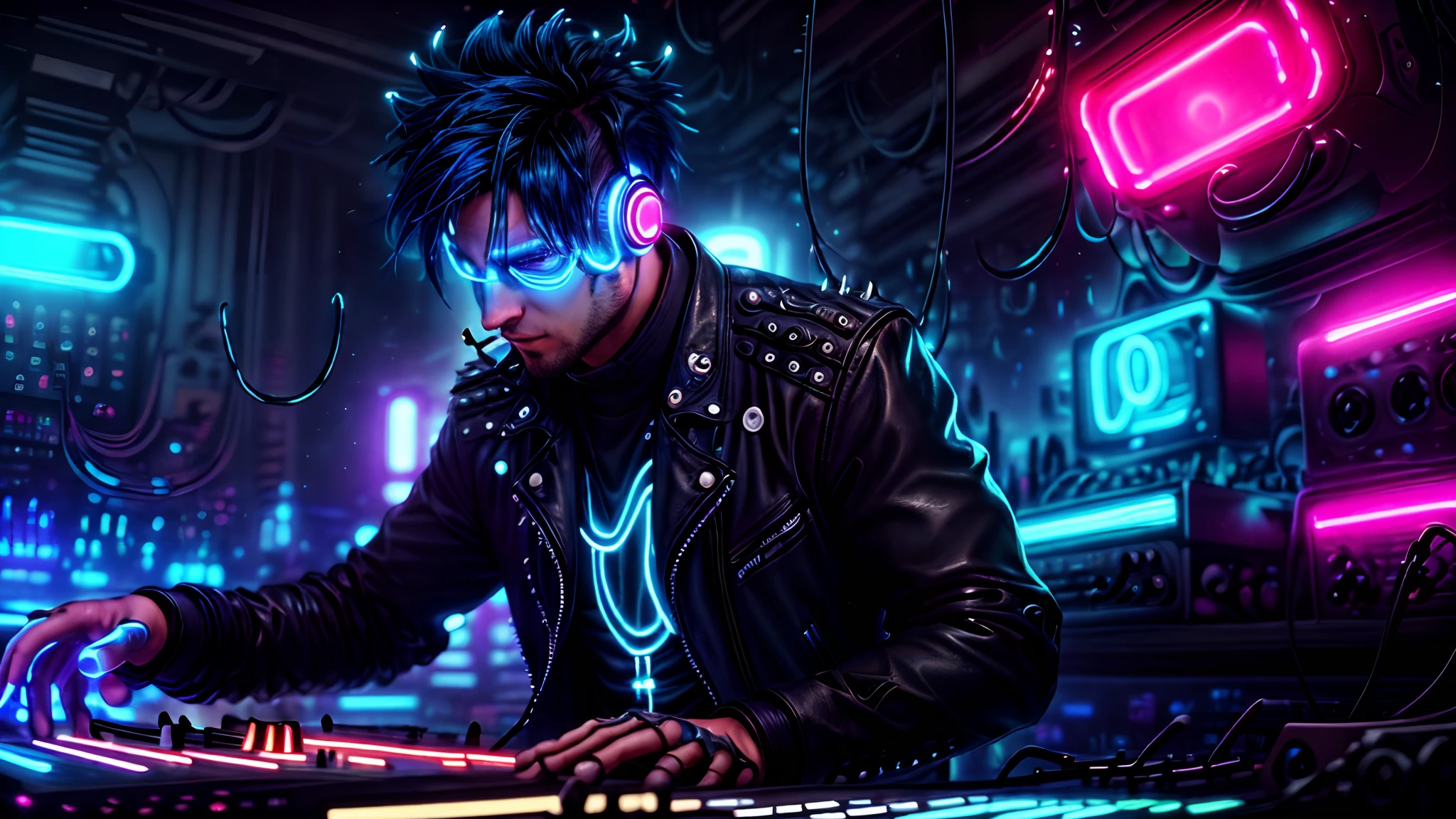 A blue punk man ((neon)) with spiky hair and a leather jacket, DJing, in the BlueAP style, realistic,neon ring in background, ultra detail, high resolution, ultra detailed, best quality