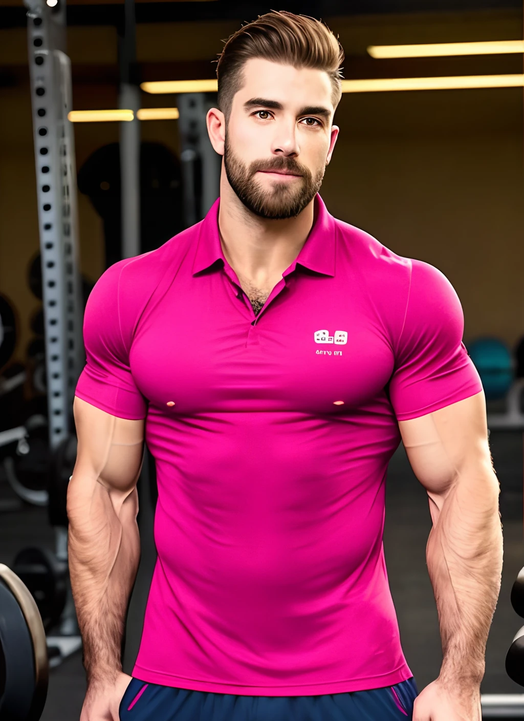 A man in a pink shirt is standing in a gym - SeaArt AI