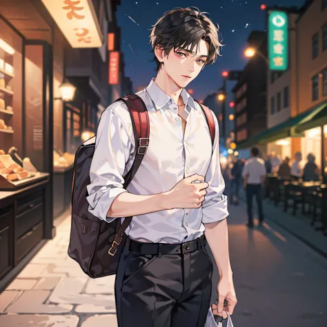 (handsome man: 1.4), wearing a white shirt, short black hair, delicate face, fair skin, backpack (at night in front of the barbe...