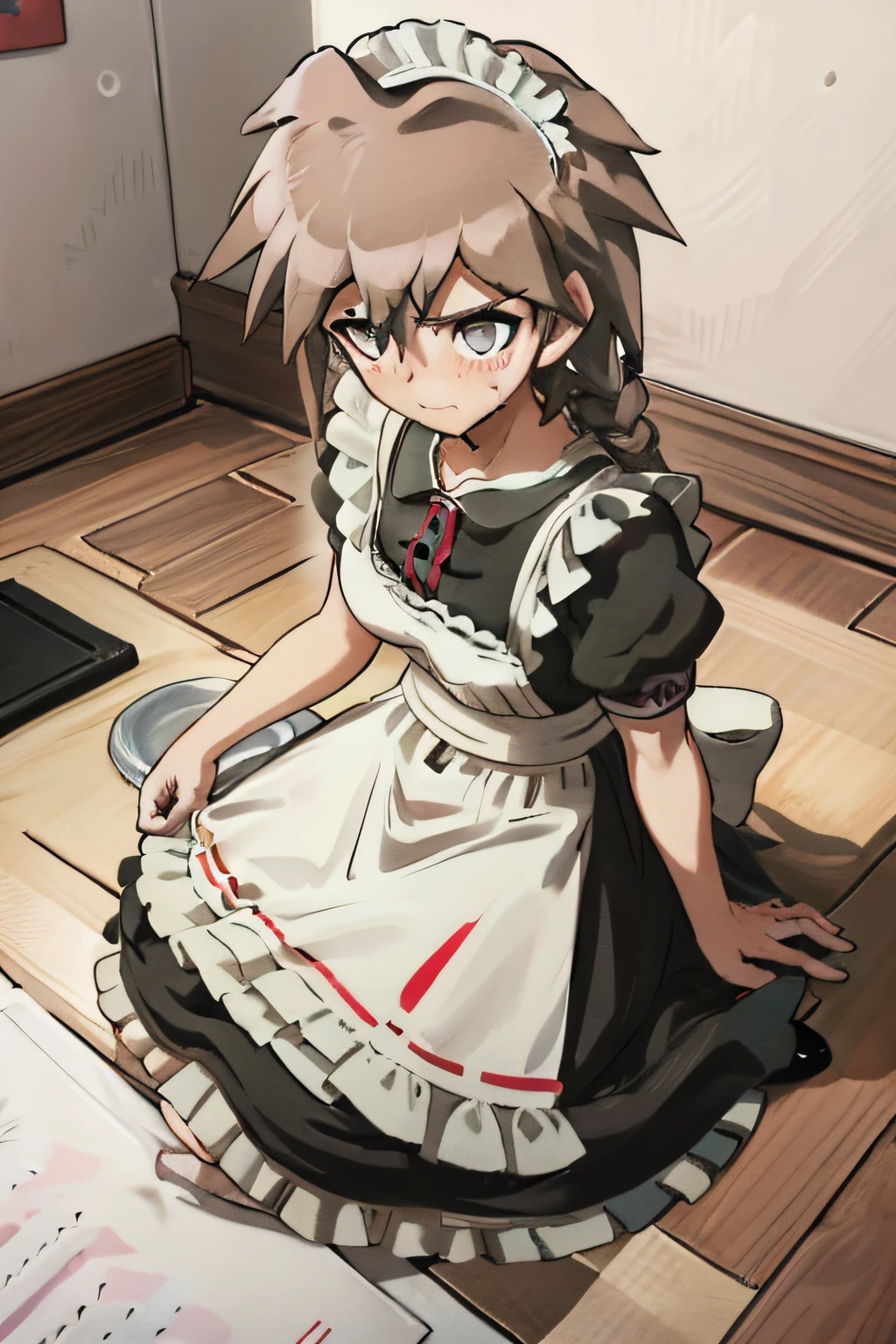 männliche Personen，Anime-Junge im Maid-Kostüm，16 Jahre alt，das Dienstmädchen-Outfit，Wartetische，Scham，Erröten，Dame Dame，angeekelt，Japanischer Anime