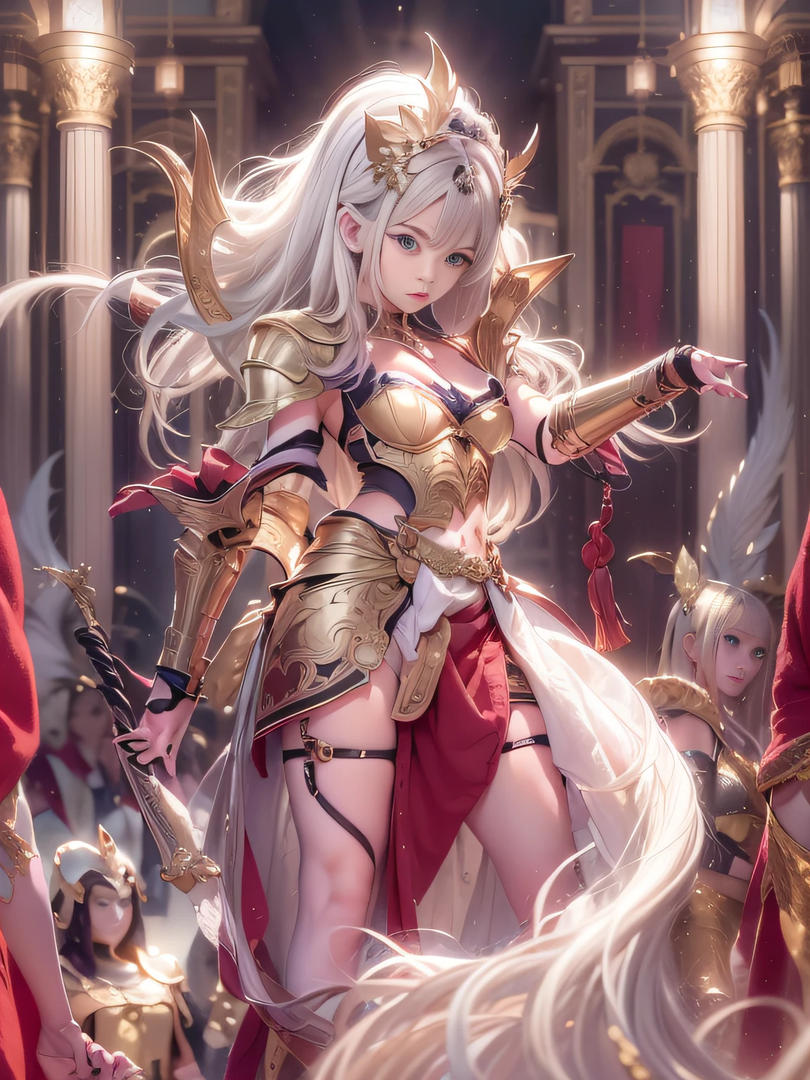 Highly detailed background，Realistic，ultra-detailliert，super detailed skin，Detailed beautiful face and eyes，retinas, masutepiece, ccurate, Anatomically correct, Textured skin, Super Detail, high details, High quality, awardwinning, Best Quality, hight resolution, 8K,Mysterious woman in white and red costume holds two-handed sword, knights of zodiac girl, portrait knights of zodiac girl,lady palutena,smooth hair，detailed hairs，Very fine hairs,,Thin leg, Wearing underwear，angelic golden armor, gilded shiny armour, Ornate white and gold armor, heavy white and golden armor, Intricate red and white and gold armor, Shimmering red and copper armor, wearing shining armor, gold armour, Princess Knight, golden armour, Great studded lights、Delicate and beautiful colors、Have an emotional atmosphere、Transparent background、Have a fantastic and charming atmosphere，light glow，Film grain，Expro II，Lens Flare，Sharpen，cinematic shadow、There is a knight behind，Cool color makeup，Lowered eyebrows、Ephemeral Girl，A look tinged with joy
