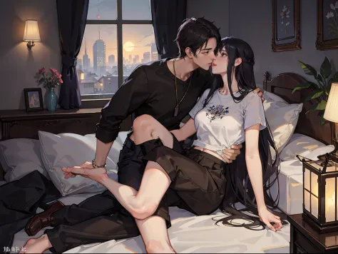 2 Man and woman in bedroom with bed, A man and a woman kiss, Carrying a woman on her shoulders, Black hair in a short skirt, T-s...