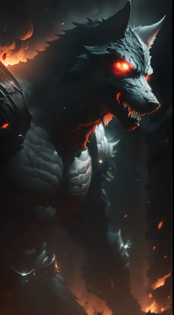 (Bloody Snapshot: 1.1), Epic Realism, Full Body Scene Logan as Werewolf in black armor reflecting firelight, dragon scale inspired armor behind red smoke scene, electric lighting soft photo, Adobe Lightroom, photo lab, HDR, complex, Very detailed, (Depth o...