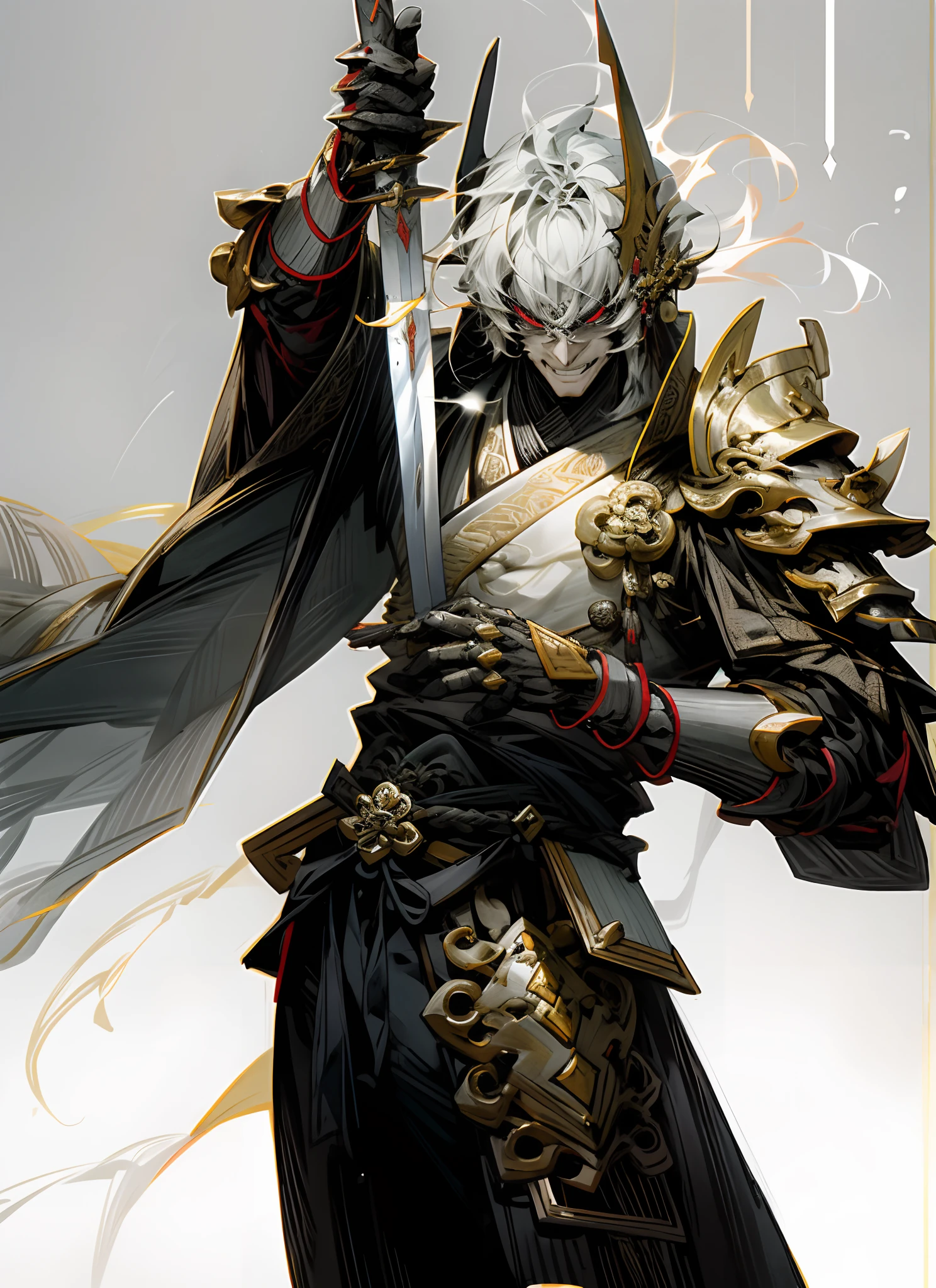 There was a man with a sword and armor holding a sword, by Yang J, author：Yang Jin, epic exquisite  character art, Stunning character art, style of raymond swanland, author：Zhou Chen, krenz cushart and wenjun lin, From Lineage 2, author：Yang Borun, G Liulian art style, drak, author：Chen Jiru，evil grin smile