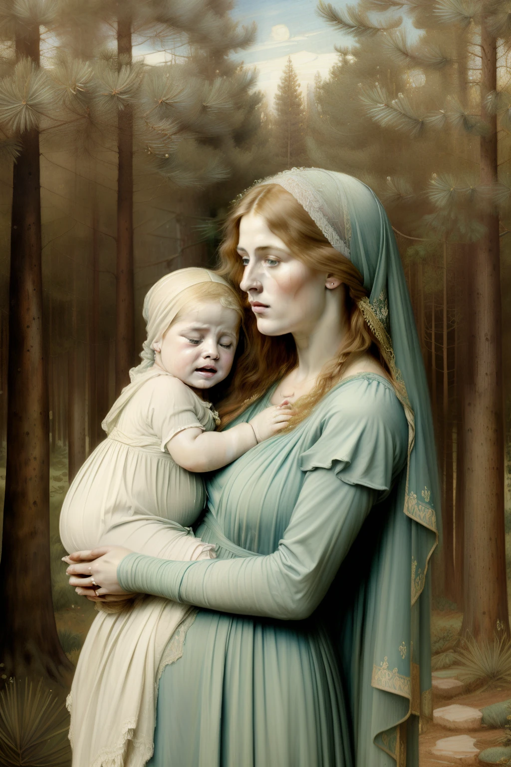 (((Pintura pré-rafaelita de uma mãe loira segurando um bebê chorando sob o pinheiro, paisagem celta, usa véu)))