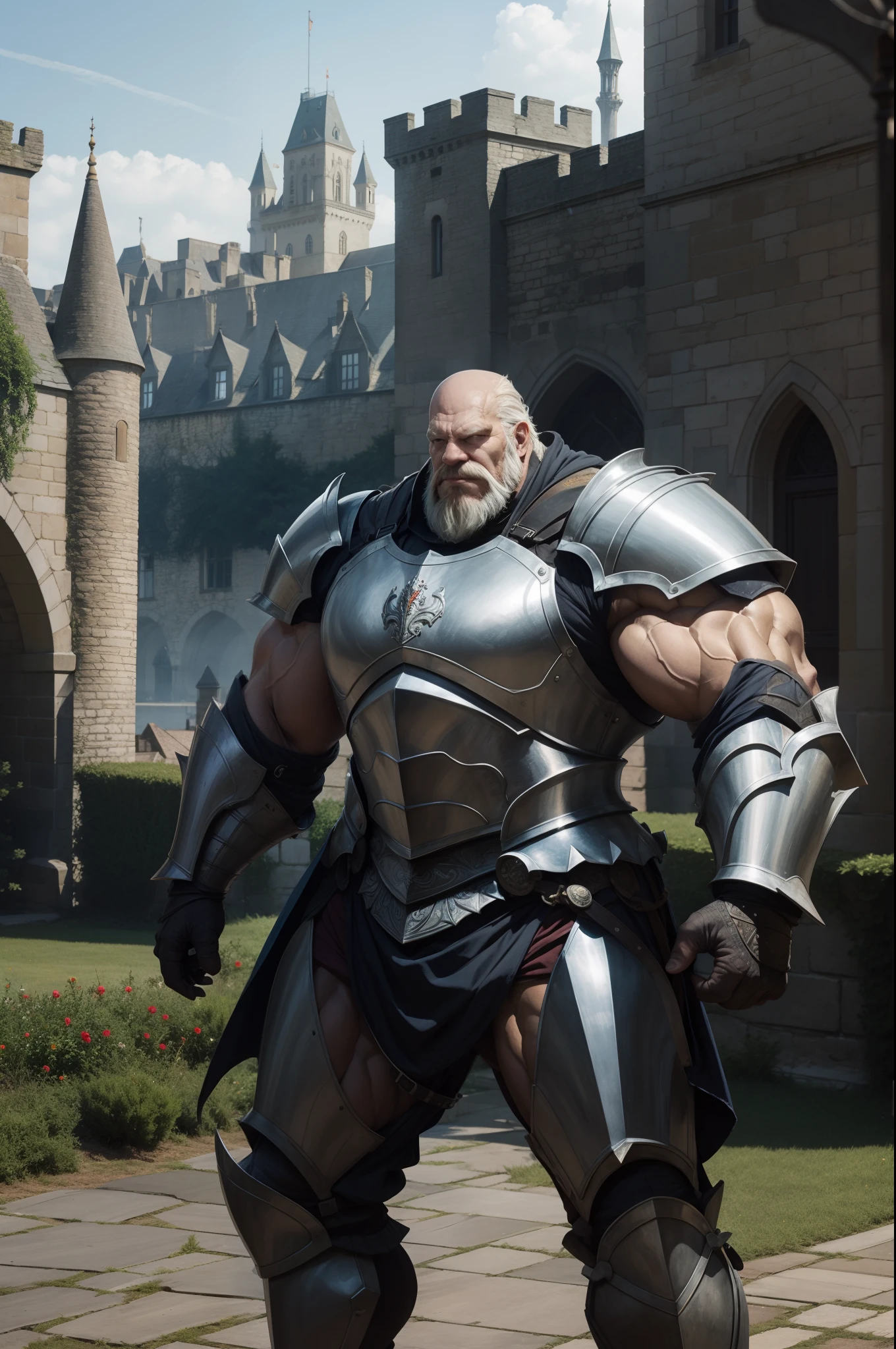 viejo caballero, blindado, fondo del castillo, muscular, usando armadura