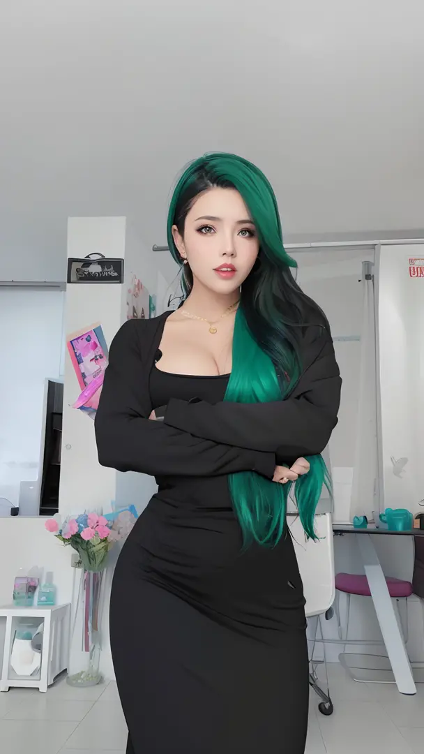 a close up of a woman with green hair and a black dress, green and black hair, long straight green black hair, long green hair, ...