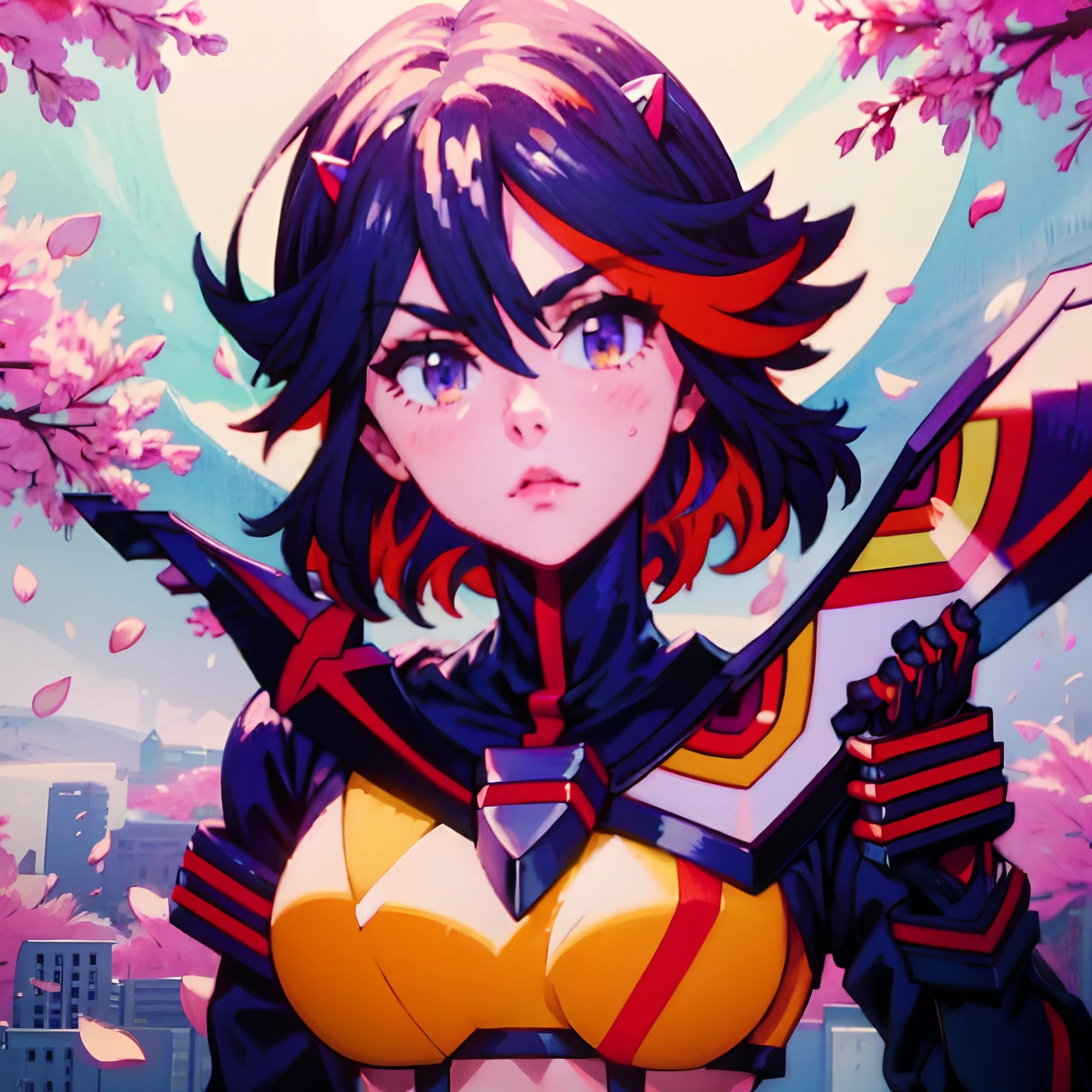 arte de pixel, matoi ryuuko, Matar a matar, Olhando para o Viewer, retrato, parte mestre, Altas, anatomia perfeita, Cabelo azul escuro, olhos azuis, vestido preto do marinheiro, luvas vermelhas sem dedos, Parte inferior das pétalas de cereja, fundo branco simples, corpo inteiro, ao lado