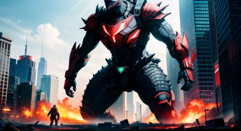 two guys，One of the men in red high-tech armor stopped in the air，The other was a black Godzilla standing on the ground，The urban environment is destroyed，Kamen Rider style，high high quality，High picture quality，A high resolution