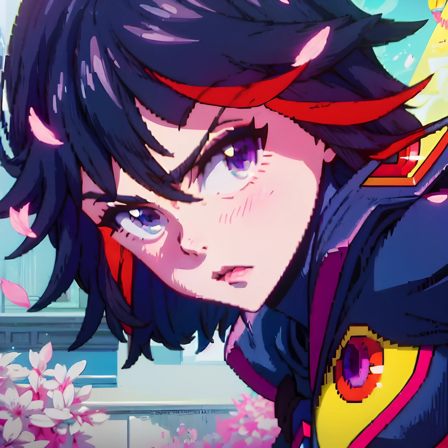 pixel art, matoi ryuuko, kill la kill, Looking at Viewer, portraite, master part, highres, Perfect Anatomia, Dark Blue Hair, blue colored eyes, black sailor dress, red fingerless gloves, Bottom of cherry petals, simply white background, fully body, from beside