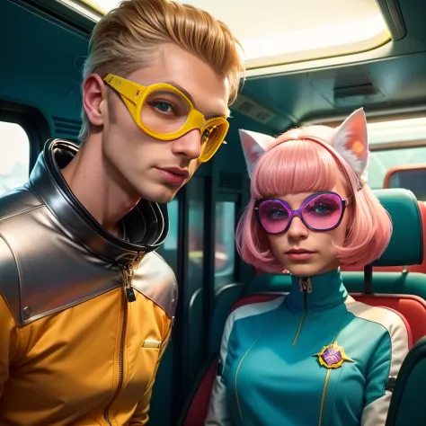 A blonde man and a woman with pink hair are costumed on a bus with a cat, Beeple e Jeremias Ketner, Beeple e Jean Giraud, Beeple...