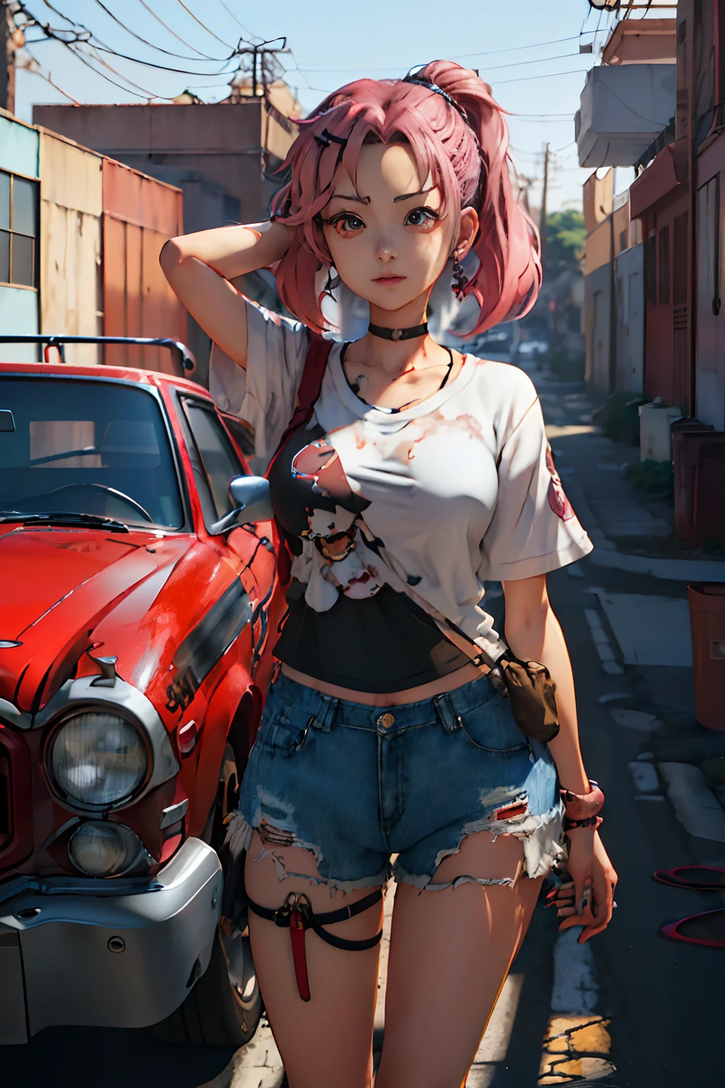 (Uma mulher Alfid vestida com uma camisa branca e shorts caminha em direção a um carro vermelho）, estilo anime. 8K, estilo anime 3 d realista, estilo de arte de anime realista, estilo de anime4 K, estilo de realismo de anime, estilo de arte anime realista, estilo anime semi-realista, estilo de arte realista, Estilo Anime moderno, vibrações de anime, estilo de anime limpo e meticuloso, 🤤 retrato de menina