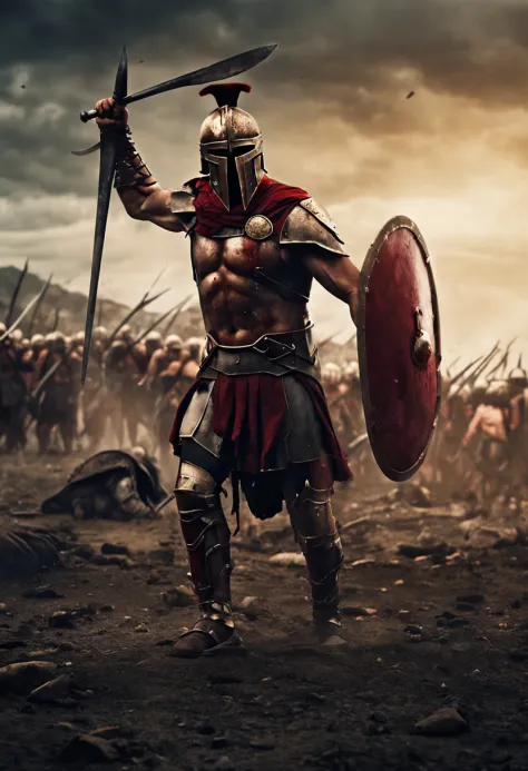 spartan warrior, dying on battlefield , bloody armor, epic, 8k