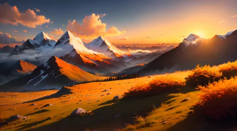 mountain ranges，grass field，​​clouds，Orange sunset