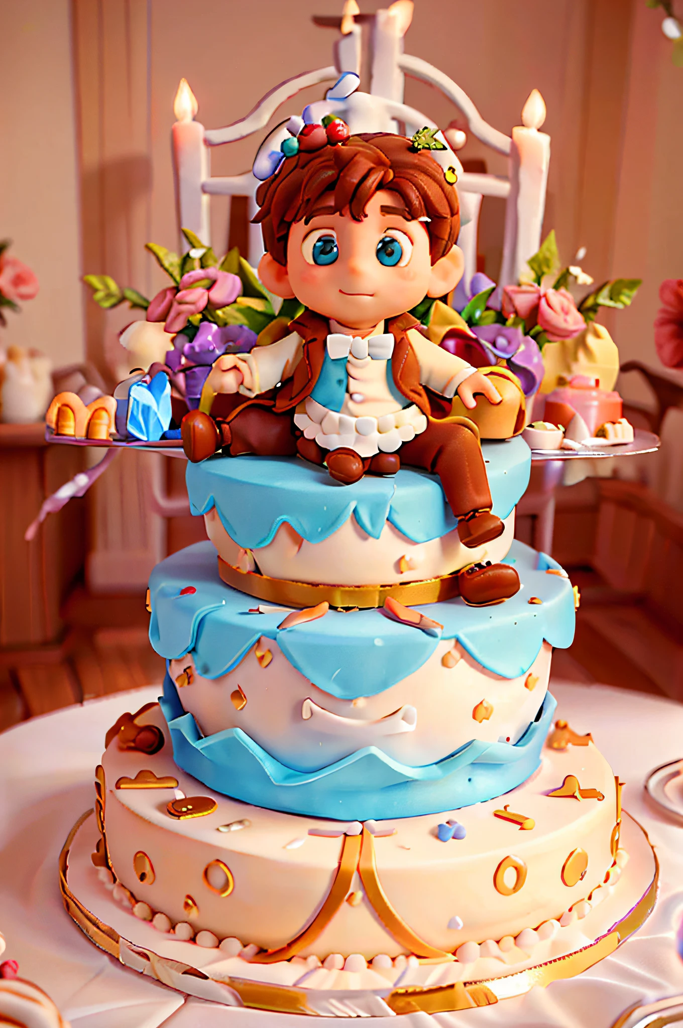 Wedding cake shape, (Cake style:1.2), (Masterpiece, Best quality), (A little boy and a boy: 0.1) Stand on the cake, full bodyesbian