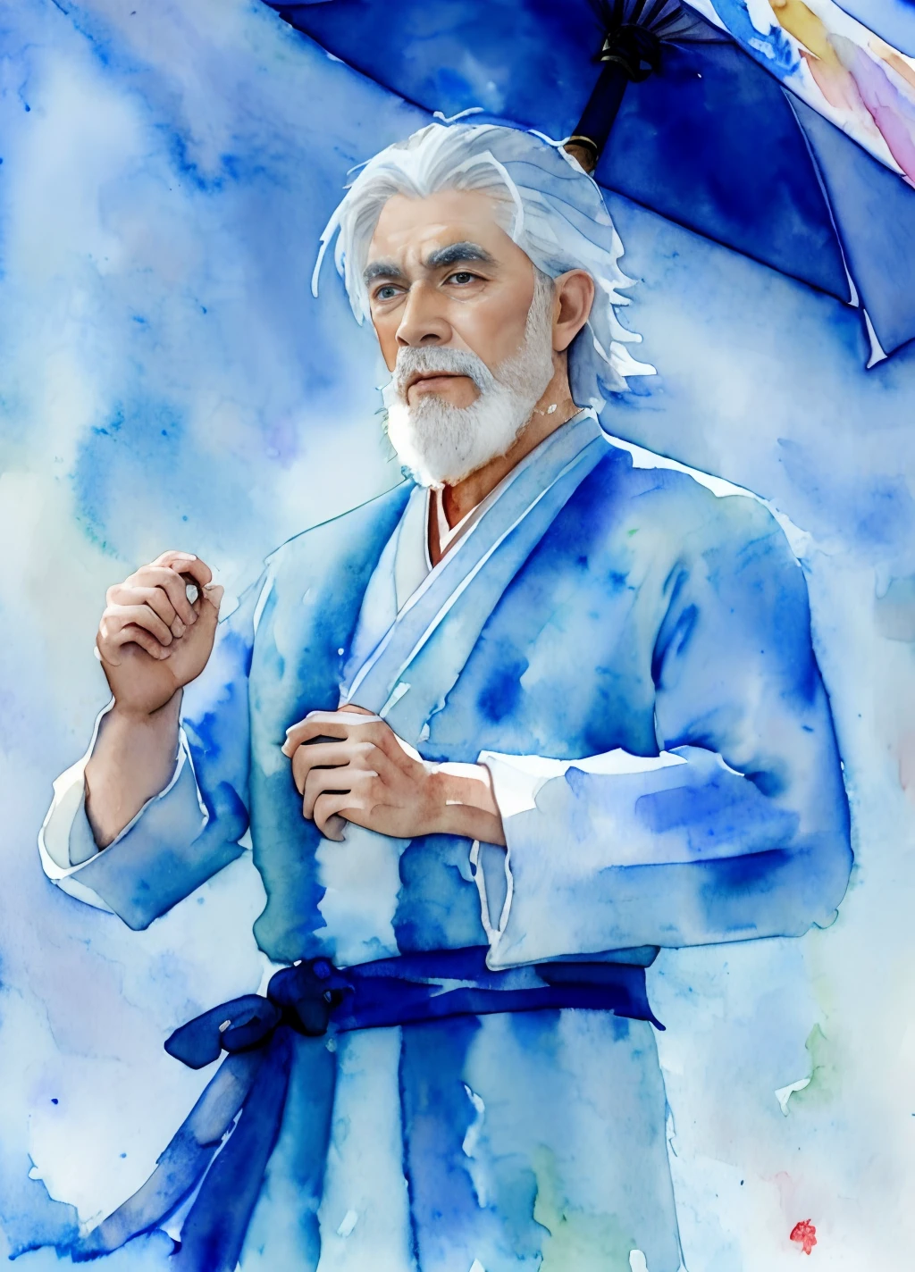 tmasterpiece, top-quality, (WaterColor style:1.4), 电影灯光, China's 90-year-old white-haired kung fu master，Long beard，white clothe，taijitu，Light rain，full bodyesbian，Ancient temple，water stain，Color melting，Moisture