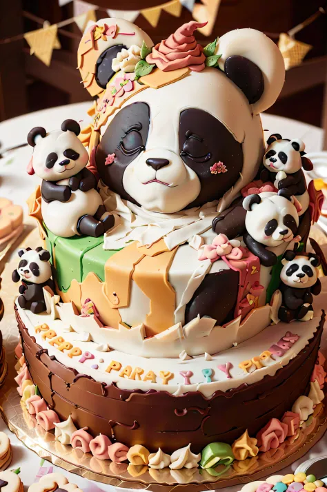 Cake-style panda party. Marzipan cake shaped like a panda party. Colorful