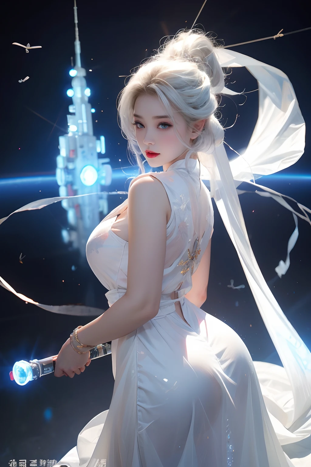 realisticlying, A high resolution, 1 rapariga, White color hair, korean people, eBlue eyes, The transparent cheongsam is flying，Sheer tight-fitting garments，Beads of sweat dripped down the buttocks，Large chest，Wide buttock， your ass，Butt visible，Visible on the back，buttocks visible，Ass pouted，wide wide shot，Cinema lenses，The skin glows，space ship，