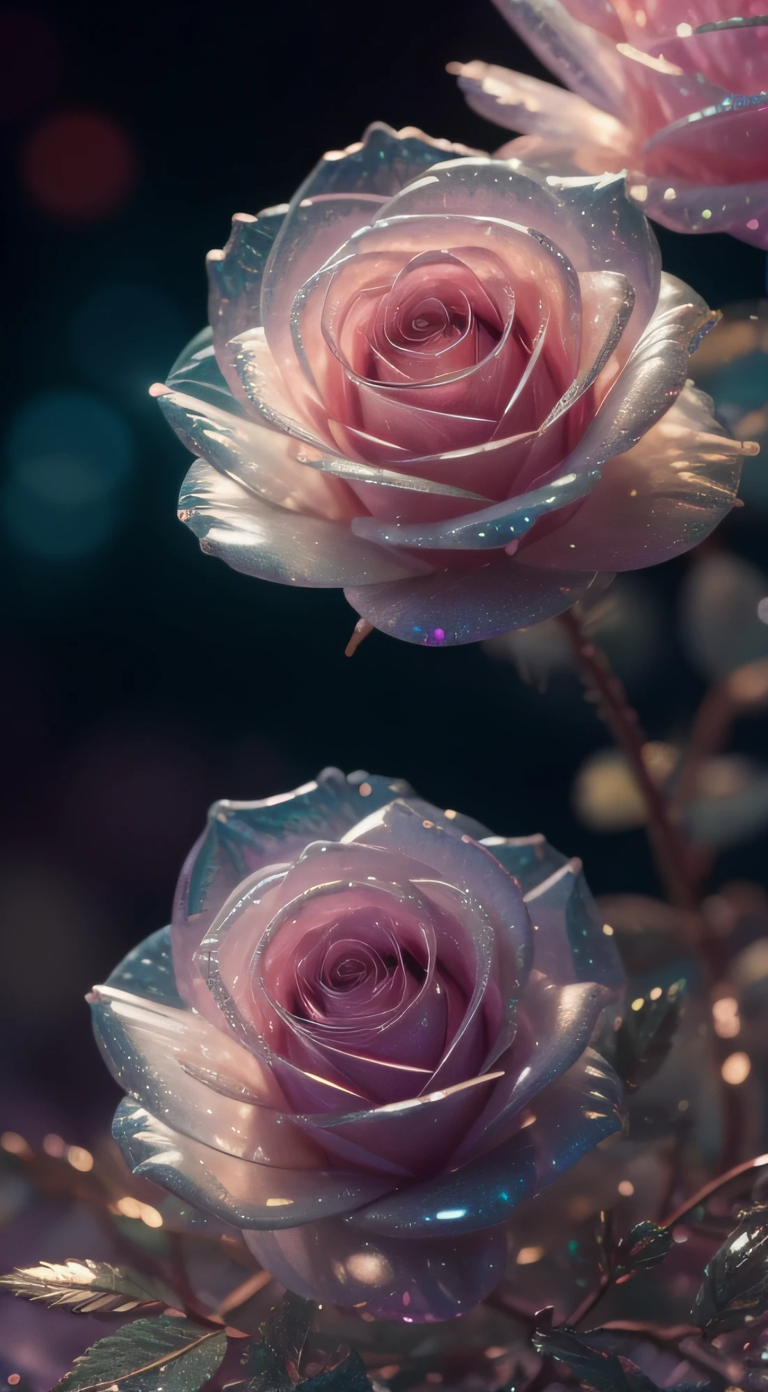 Crystal fantasy, Roses, Full-color,  toe-up, countless crystal feathers flutter in the air,
fantasy, galaxy, transparent, shallow depth of field, jade bokeh, sparkling, sparkling, stunning, colourful,
Magical Photography, Dramatic Lighting, photo realism, Ultra Detail, 4K, DOF, High Resolution