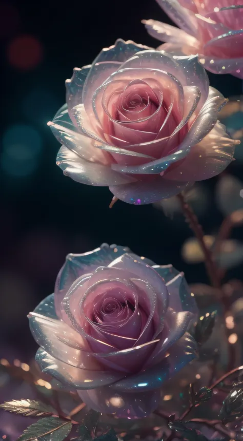 Crystal fantasy, Roses, Full-color,  toe-up, countless crystal feathers flutter in the air,
fantasy, galaxy, transparent, shallow depth of field, jade bokeh, sparkling, sparkling, stunning, colourful,
Magical Photography, Dramatic Lighting, photo realism, ...