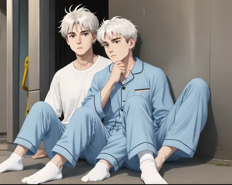 The white-haired boy wearing Nike white socks and a light blue pajamas sat lazily on the ground，He put one hand on his knee，One ...