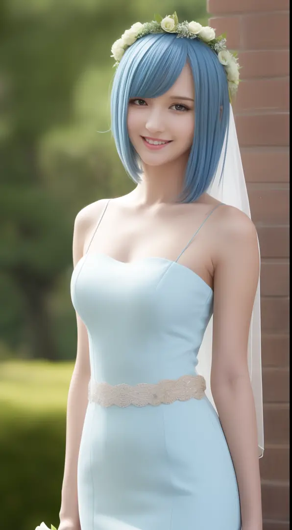 (master piece) brynhildr lancer fgo,20-year old,pure,happy,affectionately gaze,laurel wreath,bride dress,shyly pose, pretty round face,tall,very skinny,slender,light blue hair, cross-cut bangs strongly leans to the right,detailed hair,hugged a bouquet