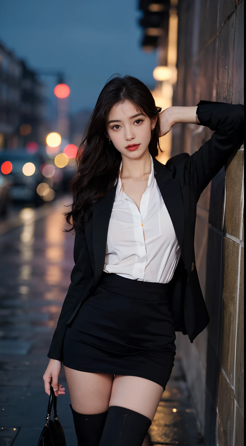 ((Realistic lighting, Best Quality, 8K, Masterpiece: 1.3)), Focus: 1.2, 1girl, Perfect Beauty: 1.4, Slim Abs: 1.1, (Big Breasts), (White Shirt: 1.4), (Outdoor, Night: 1.1), City Street, Super Fine Face, Fine Eyes, Double Eyelids, (Over the Knee Black Stockings: 1.5), (Wet in the Rain, Wet: 1.2)