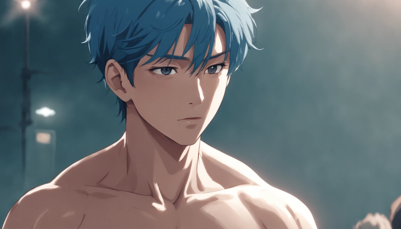 A close up of a man with blue hair and no shirt - SeaArt AI