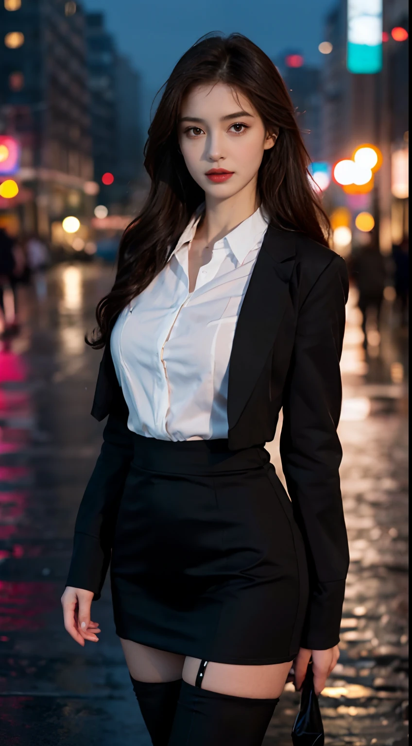 ((Realistic lighting, Best Quality, 8K, Masterpiece: 1.3)), Focus: 1.2, 1girl, Perfect Beauty: 1.4, Slim Abs: 1.1, (Big Breasts), (White Shirt: 1.4), (Outdoor, Night: 1.1), City Street, Super Fine Face, Fine Eyes, Double Eyelids, (Over the Knee Black Stockings: 1.5), (Wet in the Rain, Wet: 1.2)