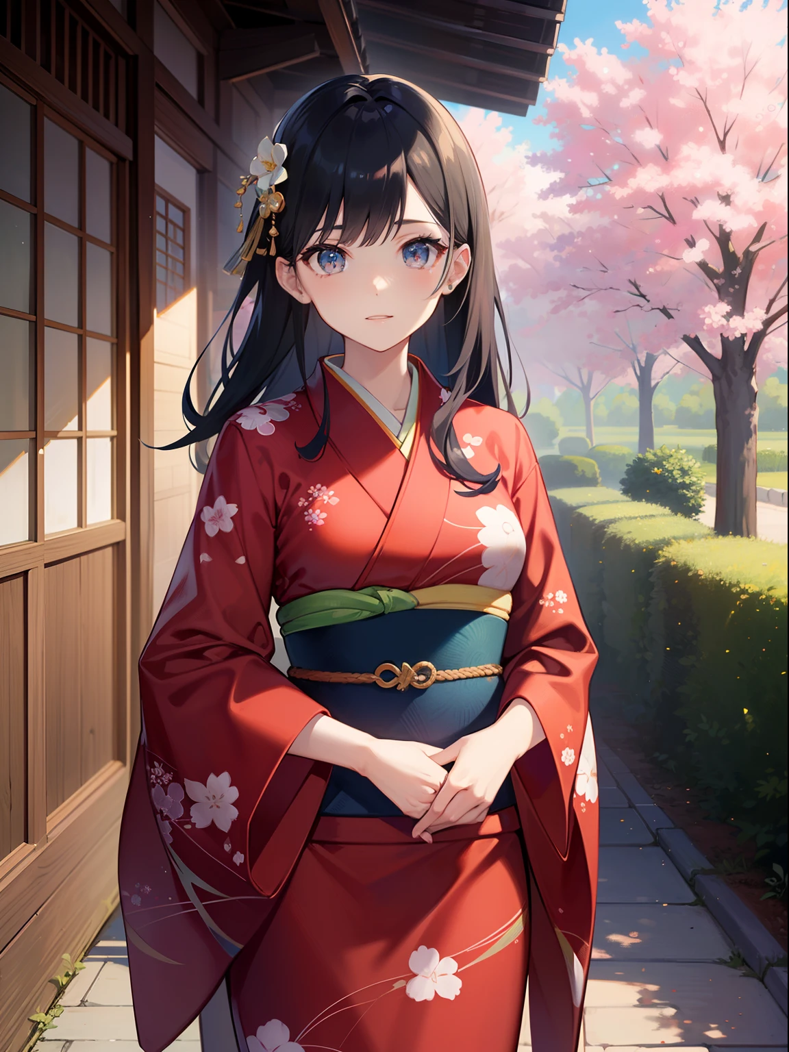 Master Pieces、hyper quality,、Perfect drawing with hyper detail、独奏、Beauty in the world、Komono、Japanese dress、Black-haired、Japanese hair、Colorful Japan kimono、octane renderings、HDR、(ultra-detailliert:1.15)、(Soft light、sharp:1.2)、1girl in、a beauty girl、Ultra detailed eyes、A MILF、Rainbow painting drops、Splat、Splash、long colored hair、ultra detailed texture kimono、(hair adornments、耳Nipple Ring、)、outside of house、The cherry tree