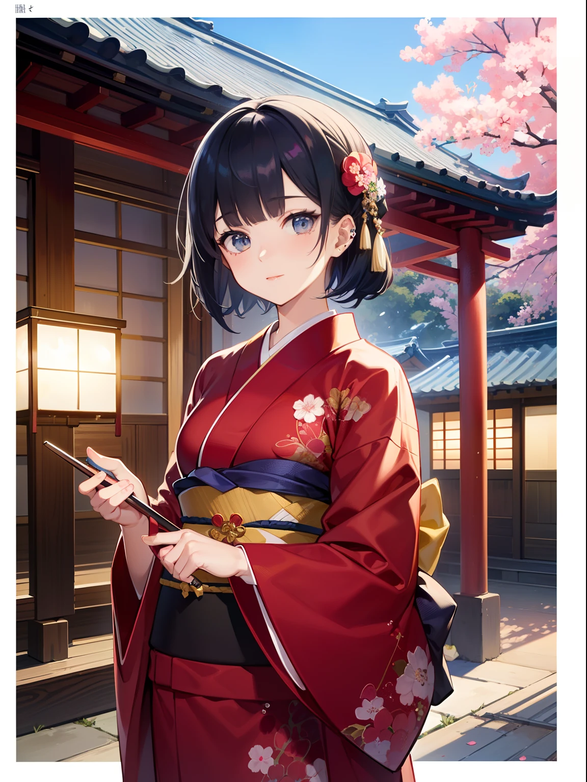 Master Pieces、hyper quality,、Perfect drawing with hyper detail、solo、Beauty in the world、common、Japanese dress、Black-haired、Japanese hair、Colorful Japan kimono、octane renderings、HDR、(Ultra-detail:1.15)、(Soft light、sharp:1.2)、1girl in、a beauty girl、Ultra detailed eyes、A MILF、Rainbow painting drops、splat、Splash、long colored hair、ultra detailed texture kimono、(hair adornments、耳Nipple Ring、)、outside of house、The cherry tree