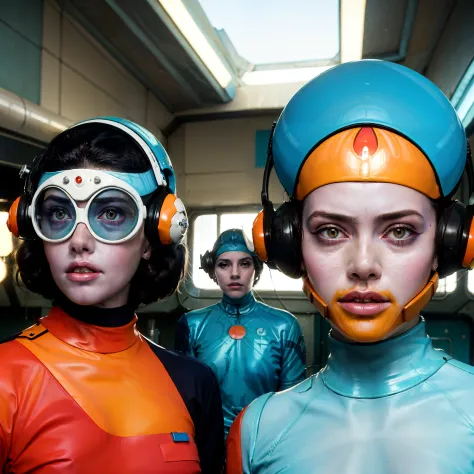 8k image from a 1970s science fiction film, imagem real, Estilo Wes Anderson, pastels colors, a man between two women wearing retro-futuristic fashion clothes and futuristic technological ornaments and devices, Luz Natural, cinemactic, Psicodelia, futurist...