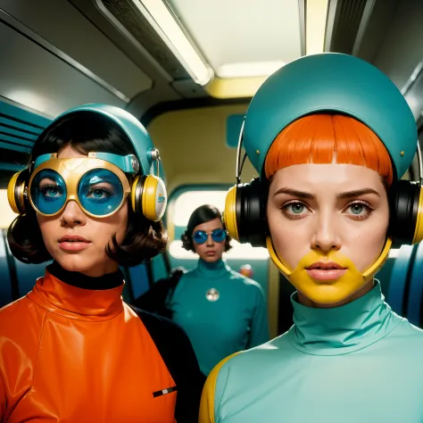 8k image from a 1970s science fiction film, imagem real, Estilo Wes Anderson, pastels colors, a man between two women wearing retro-futuristic fashion clothes and futuristic technological ornaments and devices, Luz Natural, cinemactic, Psicodelia, futurist...