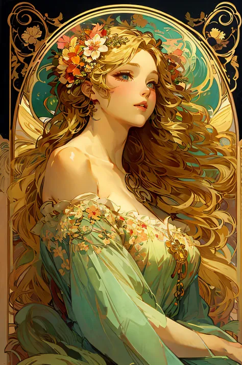 Alphonse Mucha,
(solo:1.2),a woman,bare shoulder,cane,(blonde hair:1.3),(wave hair),longeyelashes,
flower,gathered dresses,