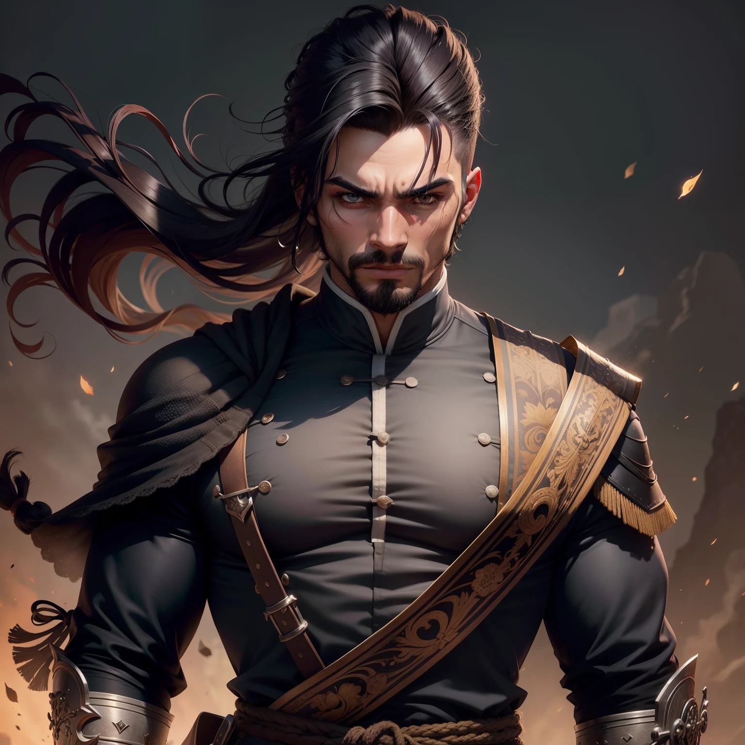 Personagem masculino, RPG, cabelo ondulado preto, mid hair, olhos azuis brilhantes, ladino, corpo forte definido, katana,   roupa preta e branca