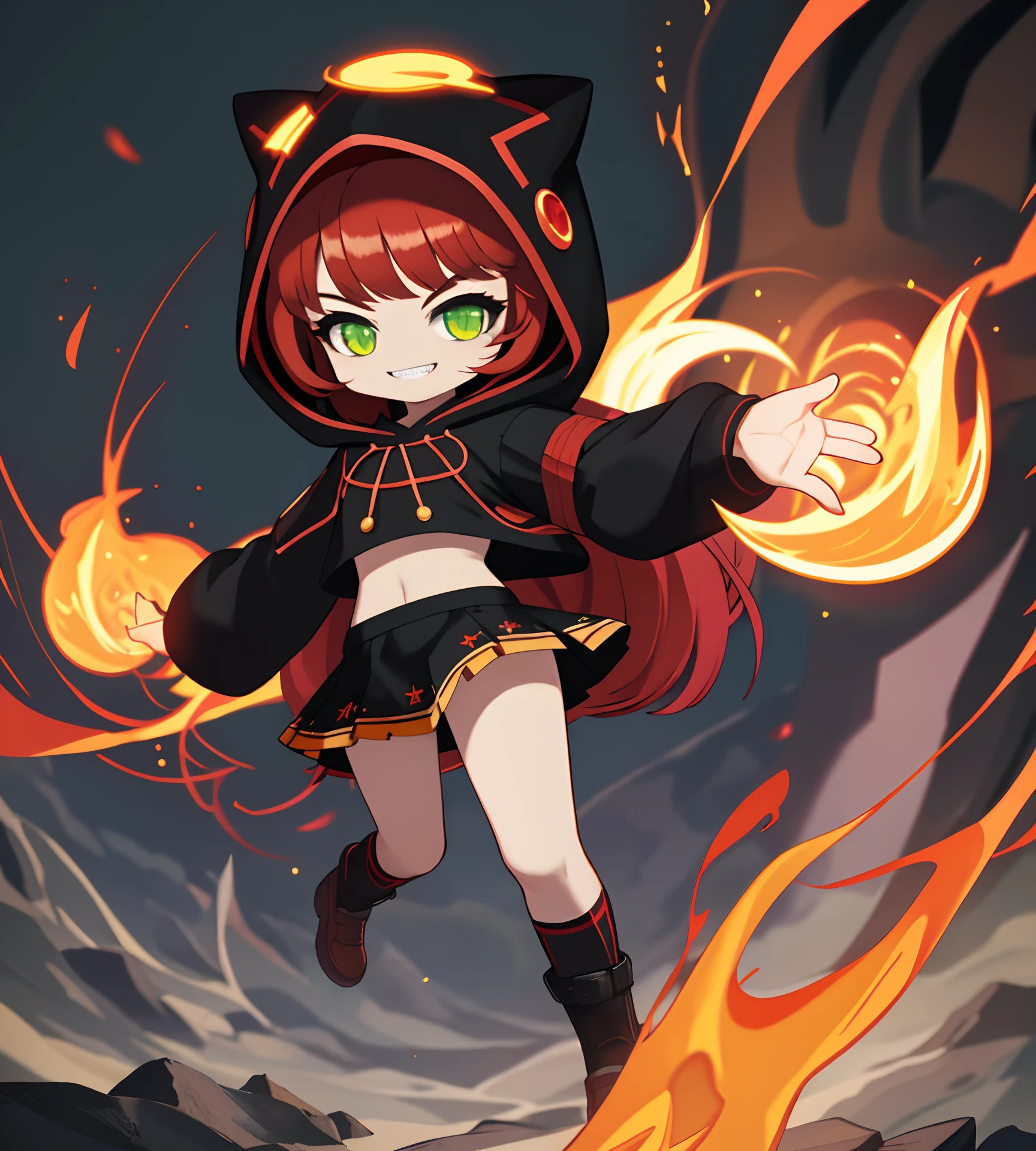 ,8K, 4K,A high resolution, Best quality, Masterpiece,1girll, Fire, fightingpose, Solo, Red hair, Green eyes, Smile, Boots, Holding, Hood, standing on one leg, full bodyesbian, holding staff, Hood up, tchibi, standing, brownfootwear, view the viewer, Long hair, , Miniskirt, Long sleeves, magic, teeth, midriff, Black socks, kneehighs, pyrokinesis, Pedras preciosas, Socks, Leg up, bangs, Red shirt, upper legs, Upper teeth only ,, 8K, 4K, (A high resolution:1.1), Best quality, (Masterpiece:1.3),(NSFW:1.2)