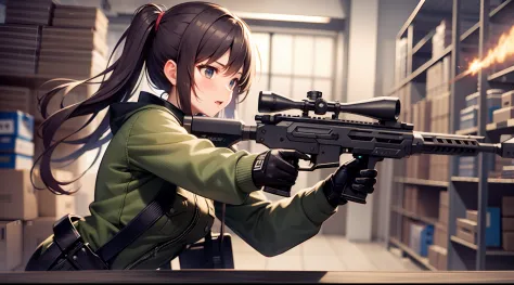 battle girl, aiming, muzzle flash, assault rifle, in warehouse, dynamic entry, cinematic action, high quality, hyper detail