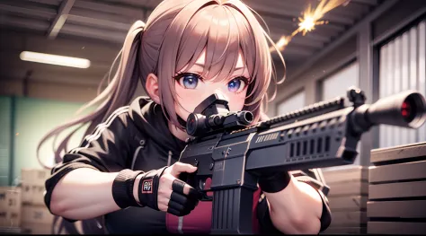battle girl, aiming, muzzle flash, assault rifle, in warehouse, dynamic entry, cinematic action, high quality, hyper detail