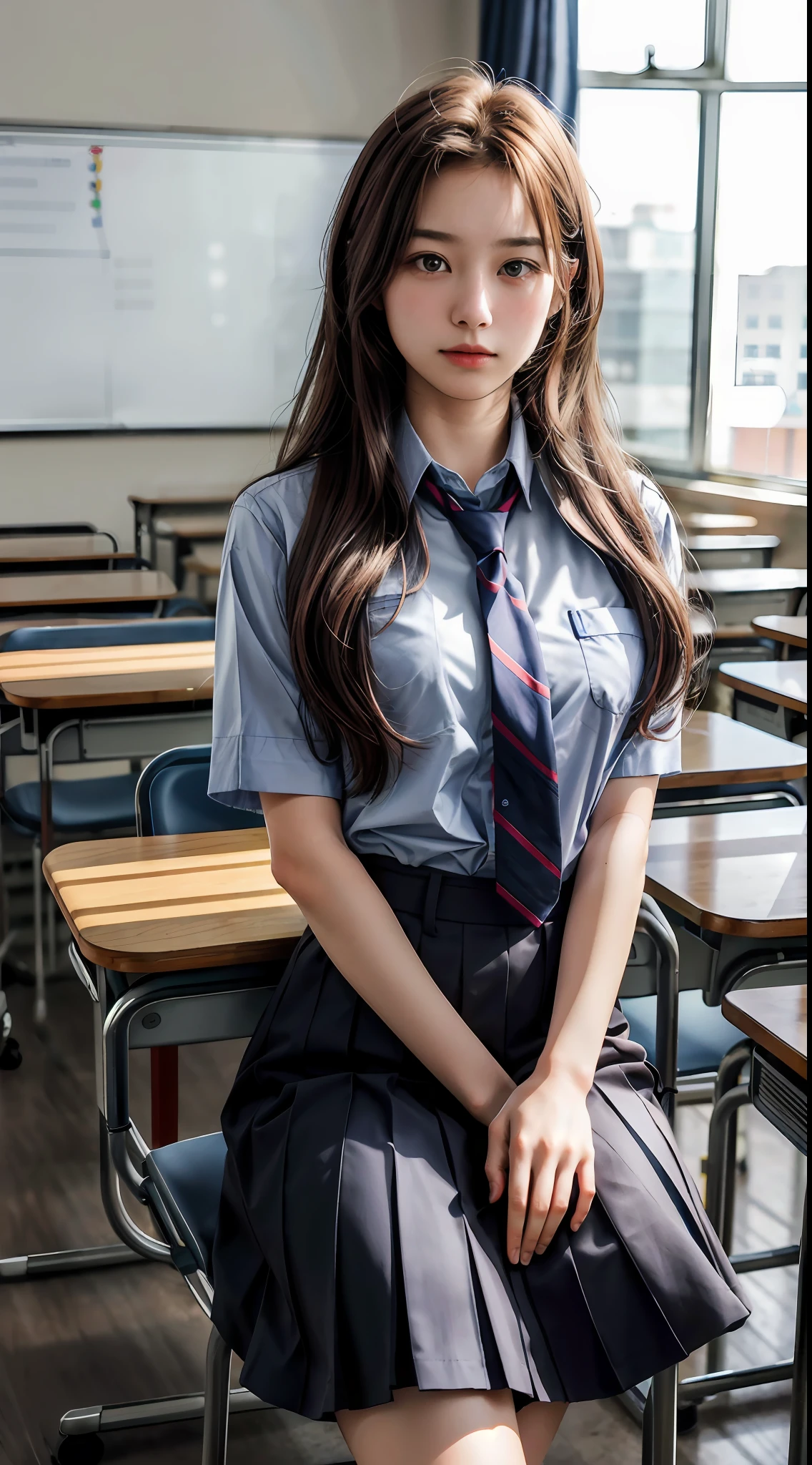 (1girl), solo, long_hair, wearing(student-uniform, neckties - SeaArt AI