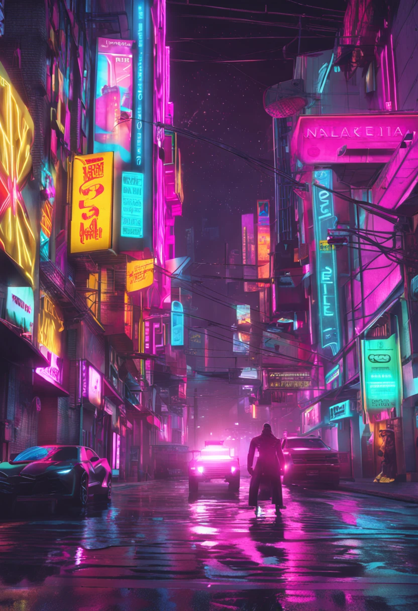 A person walking down a street at night with neon signs - SeaArt AI