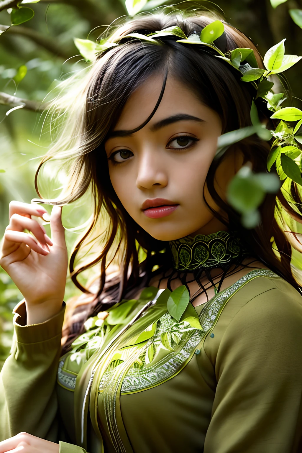 Portrait in 森林, 大自然风格的叶子, 用绿叶做的头发, 如梦如幻, 年轻黑人妇女, 拉丁裔, 超高清, 森林 goddess, 仙女, 深绿色衣服, 森林, 落叶, 粒子, 最好的质量, 姿势, 上半身, 看着观众, 四照, 边缘光, 美丽的艺术品, 完美构图