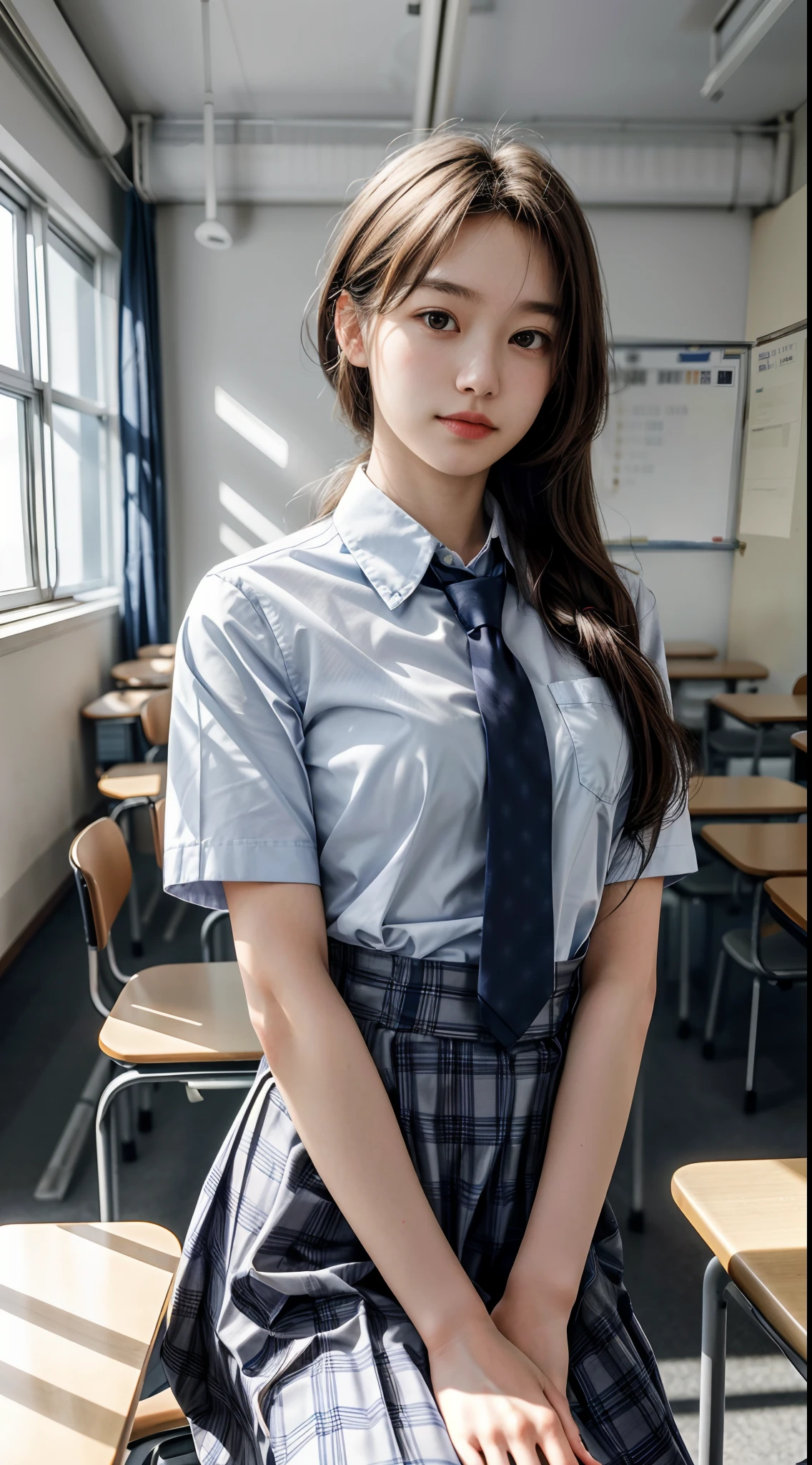 (1girl), solo, long_hair, wearing(student-uniform, neckties, shirtsleeves), photo(medium-shot), portrait, pov, blurry_background, Background(classroom, chair, table), (8k, photorealistic, absurdres, best_quality:1.55),