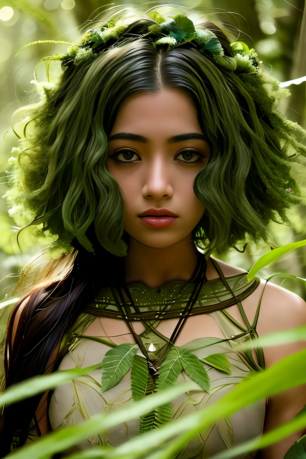 Portrait in forest, mother nature style leaves, hair made of green leaves, dreamlike, young black woman, Latina, UHD, forest goddess, fairy, dark green clothing, forest, falling leaves, particles, best quality, pose, upper body, looking at the viewer, tetroilluminated, rimlight, beautiful artwork, perfect composition