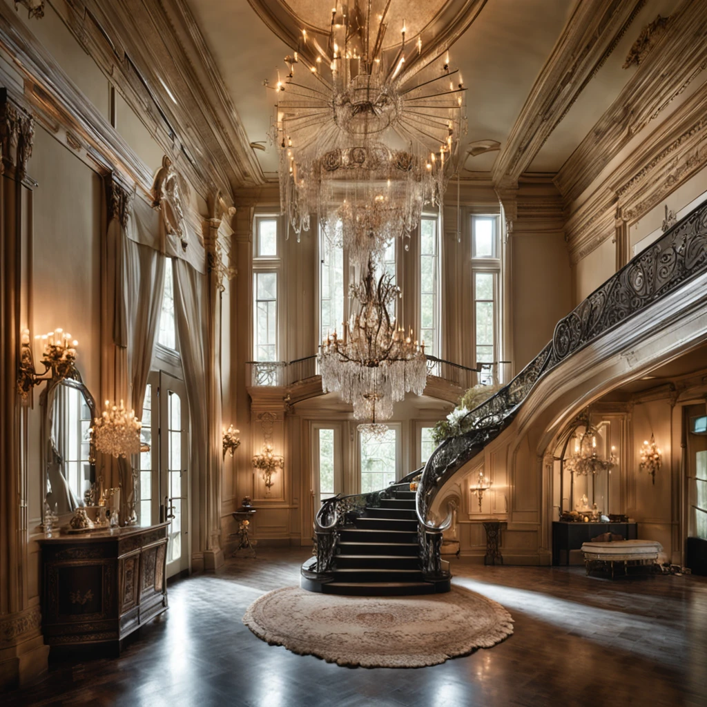 Create an awe-inspiring image of a grand foyer with a wide panel entrance. ((In the center, a majestic staircase leads upwards)), with one branch to the right and another to the left, merging gracefully at the second-floor landing. Above, a magnificent, intricate chandelier dangles from the ceiling, casting a soft, ethereal glow. On the walls, antique candle-holders, covered in delicate spiderwebs, stand dormant. The foyer is adorned with dusty, time-worn portraits and tattered drapes that add an air of mystery and nostalgia.