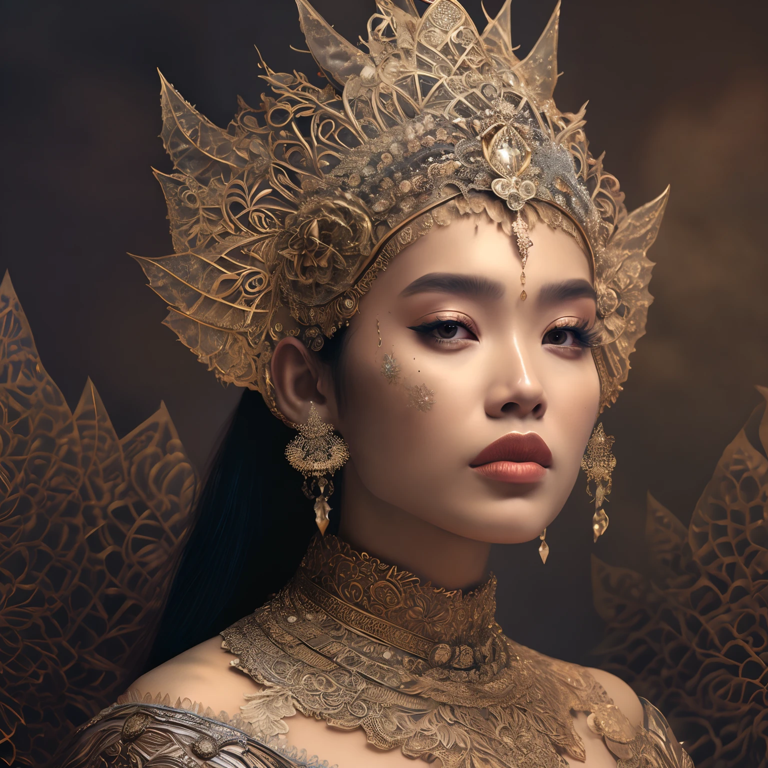 ultrarealistic portrait of a woman with tan skin, wearing cambodia headpiece, 8k photographic style filigree fractal details intricate ornate outfit hypermaximalist sharp focus, dramatic lighting, highly detailed and intricate, hyper maximalist, ornate, luxury, elite, haunting, matte painting, cinematic, cgsociety, James jean, Brian Froud, Ross Tran