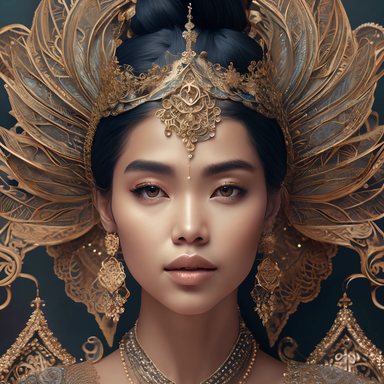 ultrarealistic portrait of a woman with tan skin, wearing cambodia headpiece, 8k photographic style filigree fractal details intricate ornate outfit hypermaximalist sharp focus, dramatic lighting, highly detailed and intricate, hyper maximalist, ornate, luxury, elite, haunting, matte painting, cinematic, cgsociety, James jean, Brian Froud, Ross Tran