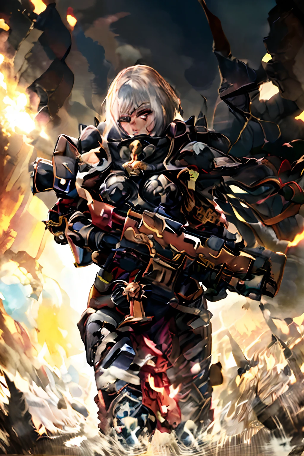 ch3rryg1g,(masterpiece:1.2), (best quality:1.2), perfect eyes, perfect face, perfect lighting, 1girl, mature whsororitas with a laser riffle in her hands, scar over one eye, eyepatch, red tabard, white hair, warhammer 40k, chaos, fire, scifi, detailed ruined city background