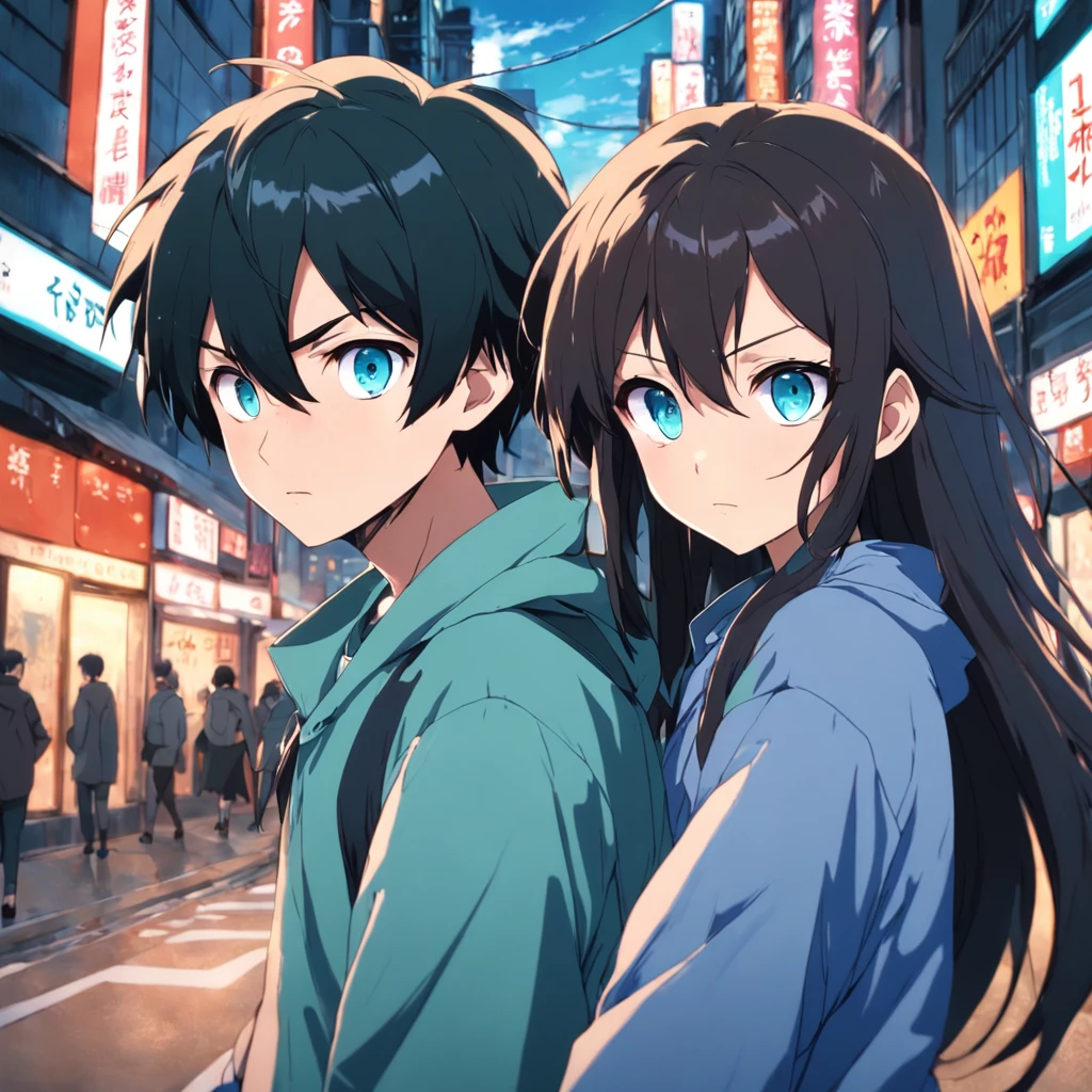 Two anime characters standing in front of a building with blue eyes -  SeaArt AI