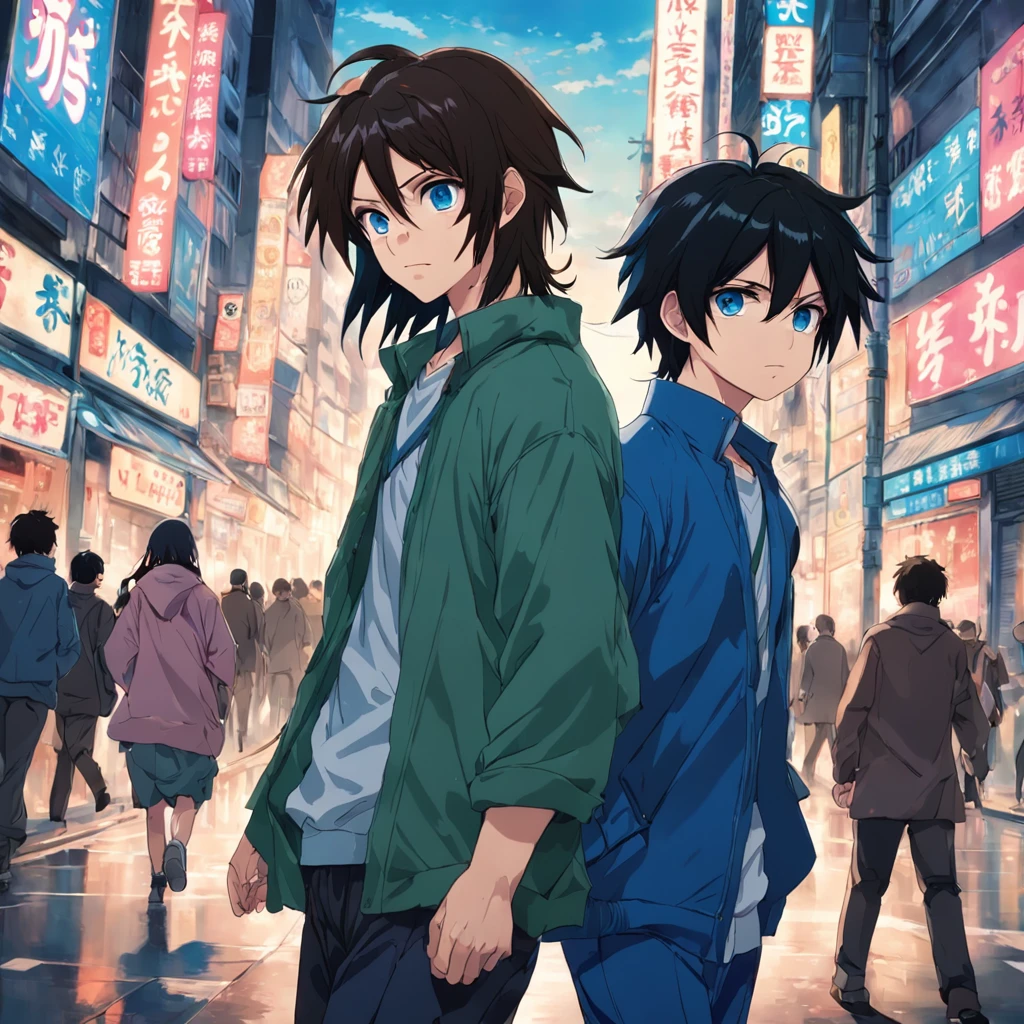 Anime characters walking down a busy city street in the rain - SeaArt AI